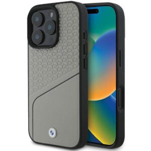 BMW case for iPhone 16 Pro 6,3" BMHMP16L23RDCLG Hardcase Sign Leather Textured and Line MagSafe gray