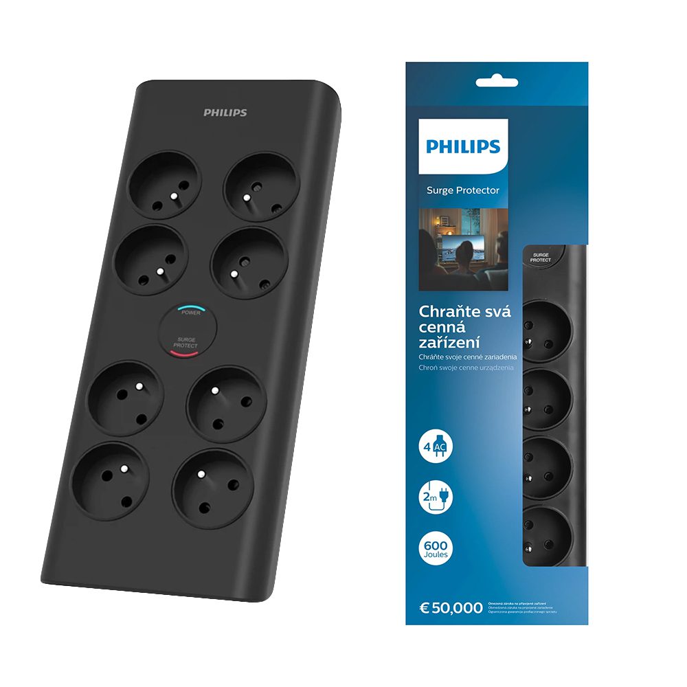 Anti-surge power strip PHILIPS extension cord 8 sockets 2m 16A black