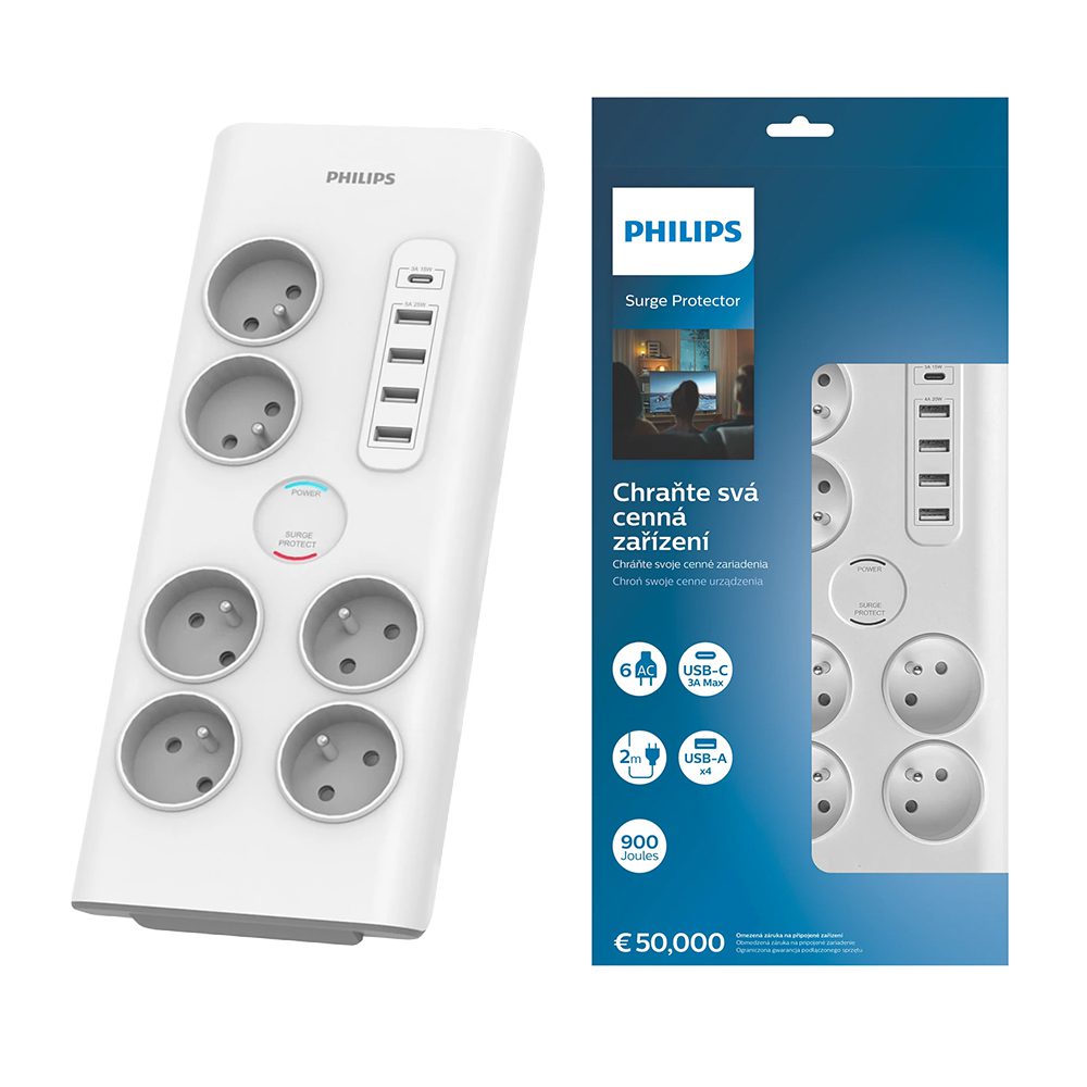 424003_oryg Anti-surge power strip PHILIPS extension cord 6 sockets + 6xUSB-A + 1xUSB-C 2m 16A white