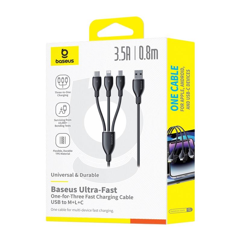 Baseus Ultra-Fast One-for-Three Fast Charging Cable USB-A to M+L+C 3.5A 0.8m Cosmic Black