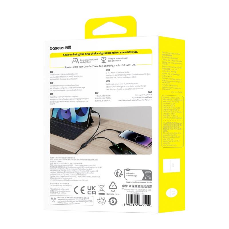 Baseus Ultra-Fast One-for-Three Fast Charging Cable USB-A to M+L+C 3.5A 0.8m Cosmic Black