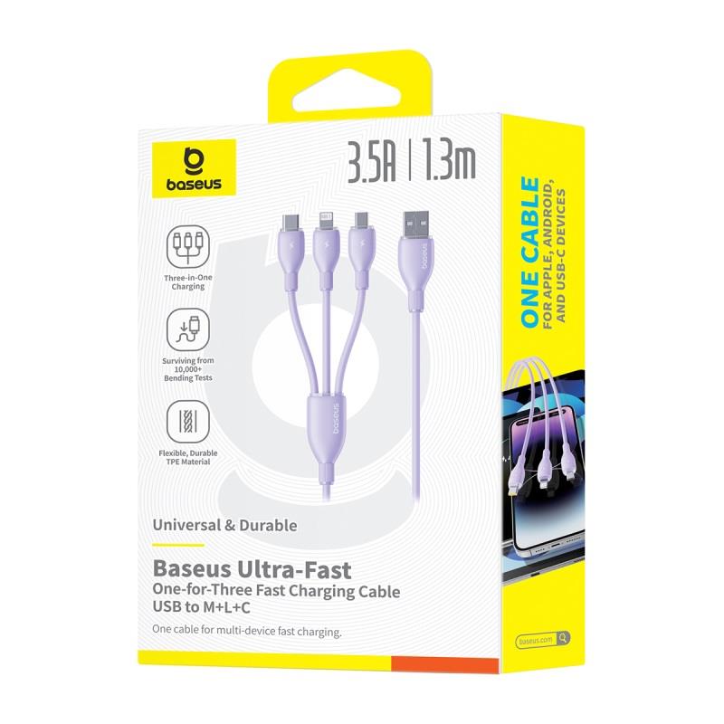 Baseus Ultra-Fast One-for-Three Fast Charging Cable USB-A to M+L+C 3.5A 1.3m Nebula Purple