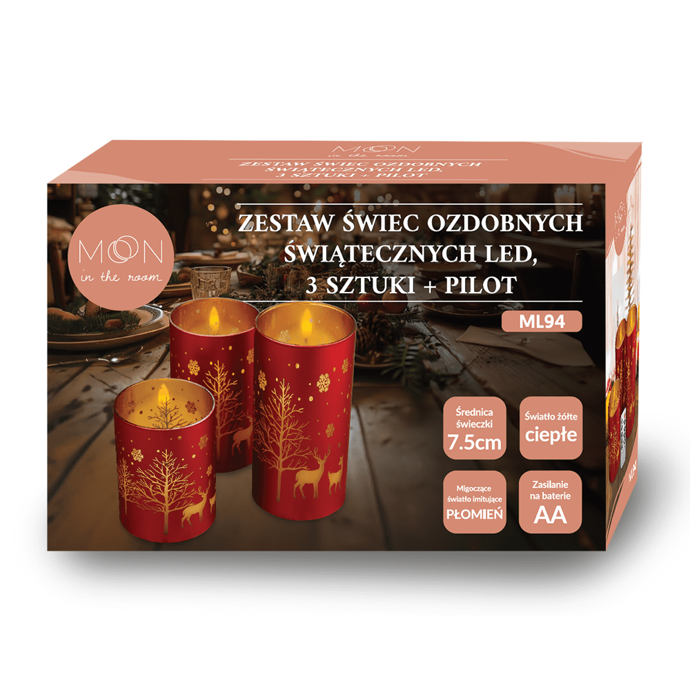 Decorational LED Candle set 3 pcs. christmas red and gold + remote