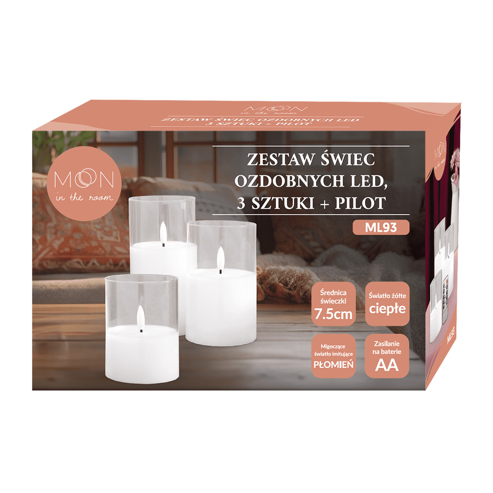 Decorational LED Candle set 3 pcs. white glass + remote