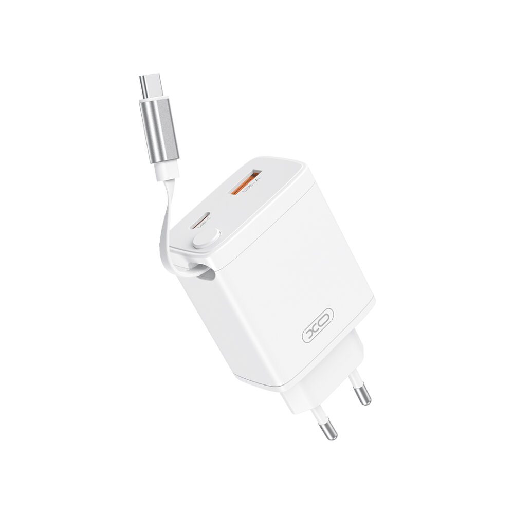 429122_oryg XO wall charger CE31 1x USB 1x USB-C 30W white with retractable USB-C cable