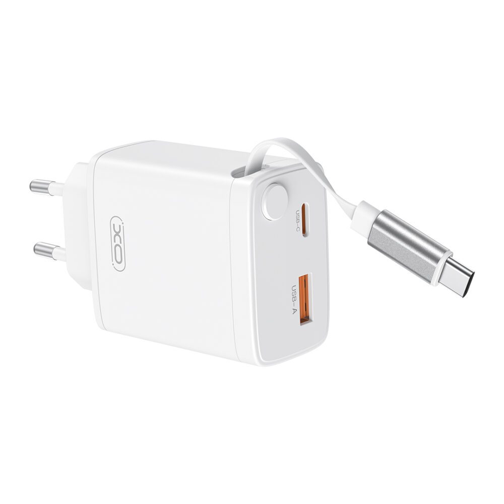 429123_oryg XO wall charger CE31 1x USB 1x USB-C 30W white with retractable USB-C cable