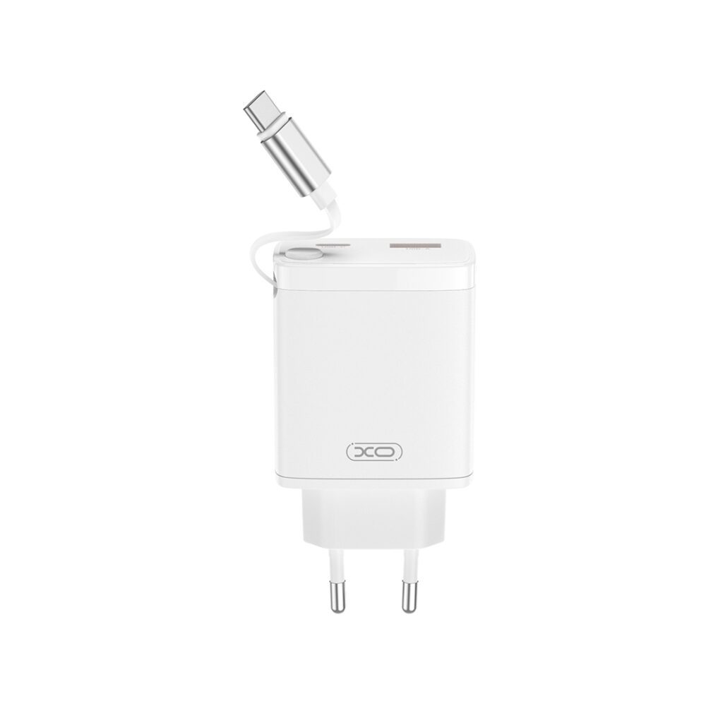 429124_oryg XO wall charger CE31 1x USB 1x USB-C 30W white with retractable USB-C cable