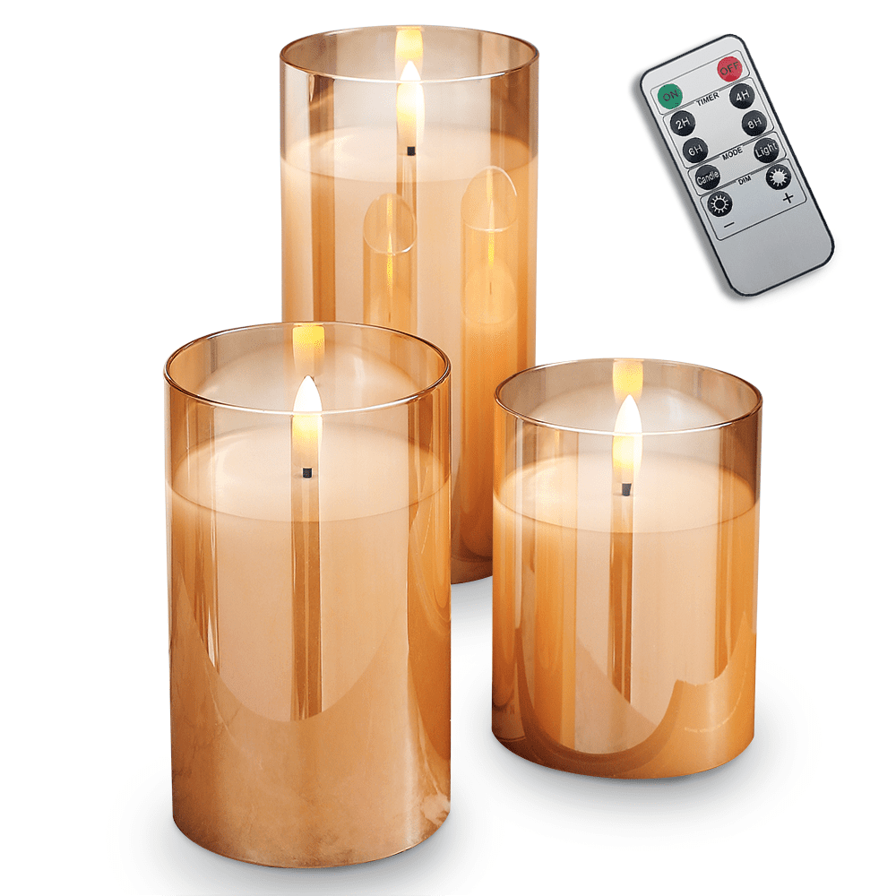Decorational LED Candle set 3 pcs. gold glass + remote