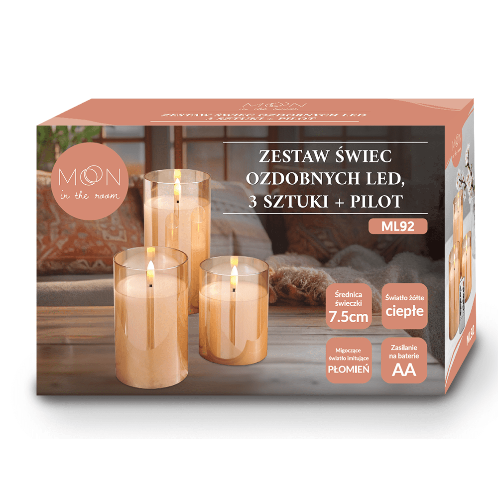Decorational LED Candle set 3 pcs. gold glass + remote
