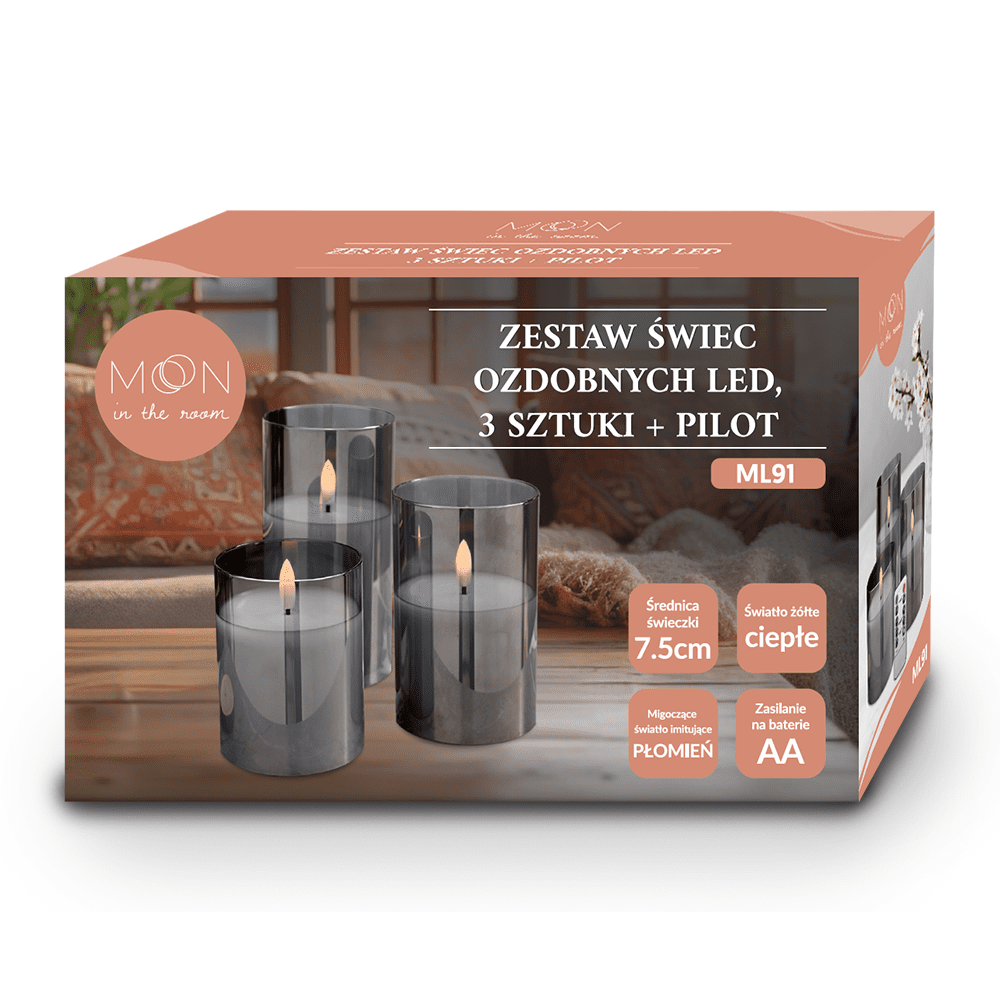 Decorational LED Candle set 3 pcs. smoked glass + remote