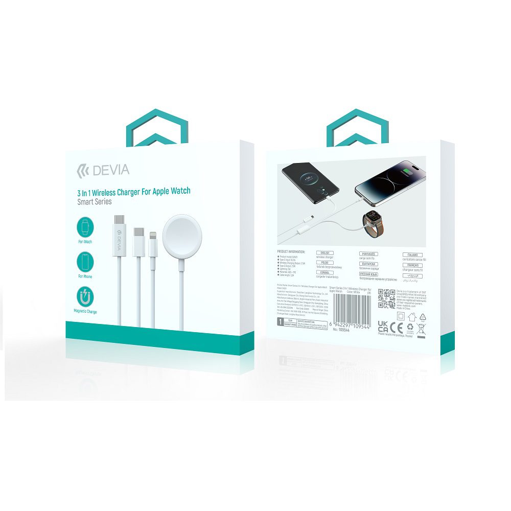 429570_oryg Devia cable 3in1 Smart EA520 USB-C - USB-C + Lightning white with inductive magnetic charger for Apple Watch