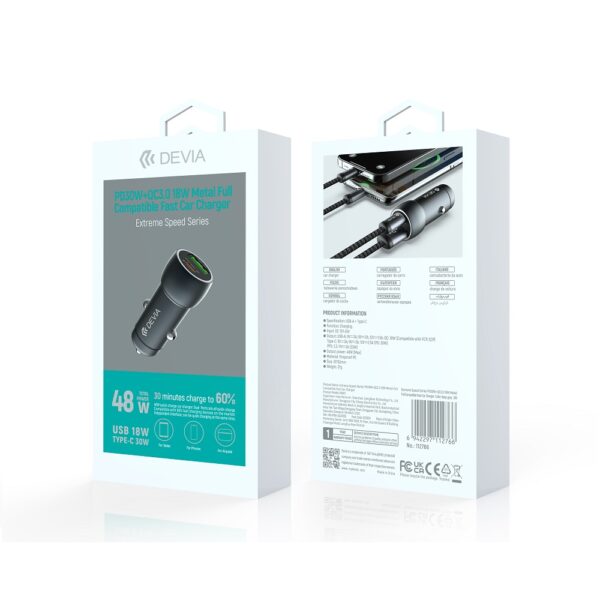 Devia car charger Extreme PD QC 3.0 30W + 18W 1x USB 1x USB-C deep gray