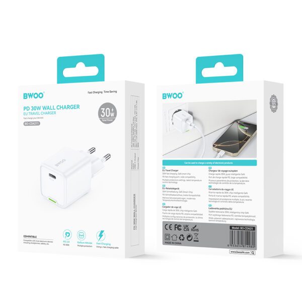 BWOO GaN PD wall charger 1x USB-C port 1A 30W white