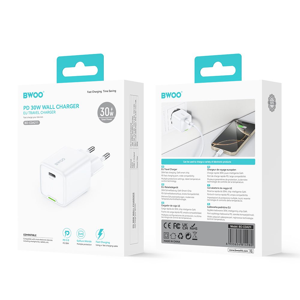 BWOO GaN PD wall charger 1x USB-C port 1A 30W white