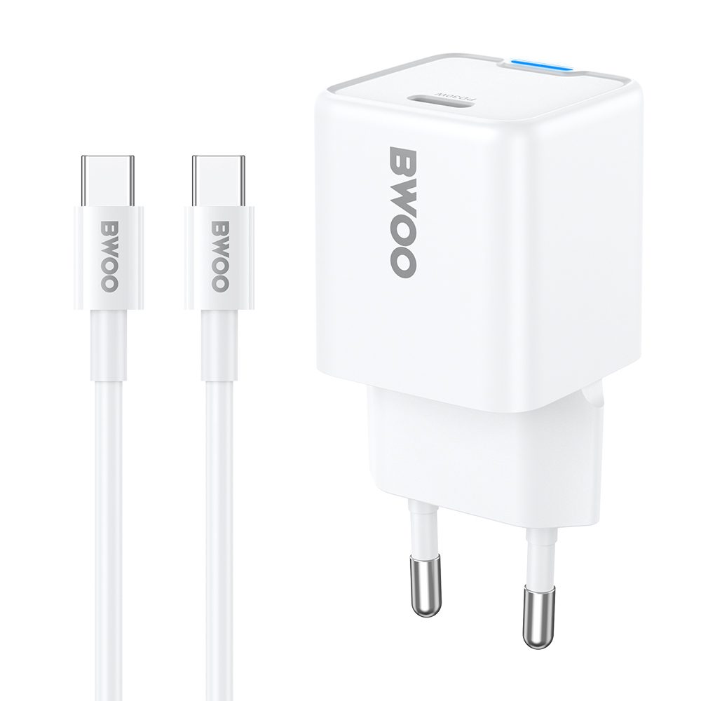 BWOO GaN PD 30W wall charger 1x USB-C port with 60W cable USB-C 2A white