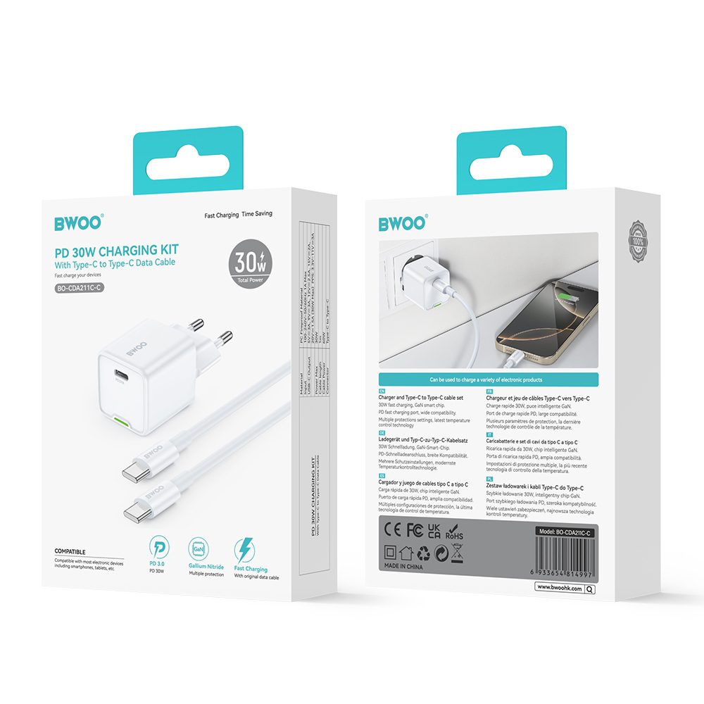 BWOO GaN PD 30W wall charger 1x USB-C port with 60W cable USB-C 2A white