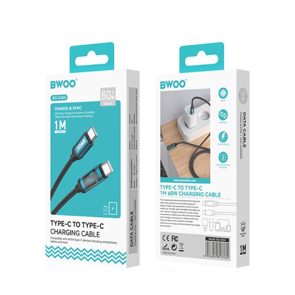 BWOO USB-C - USB-C cable 1m 60W with LED display, braided, black