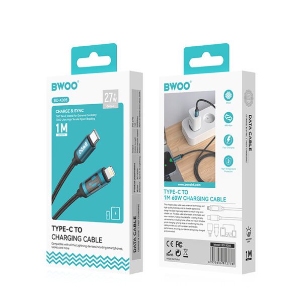 BWOO usb-c Lightning cable 1m 27W with LED display, braided, black