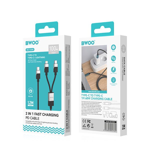 BWOO Braided 2-in-1 Cable USB-C - USB-C and Lightning 1m 100W/27W black