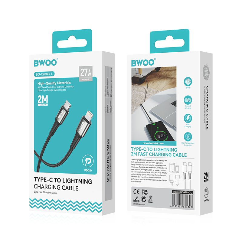 BWOO Braided Cable USB-C - Lightning 2m 30W black