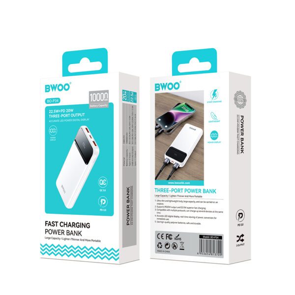 BWOO Ultra thin 22,5W 10000 mAh power bank, white