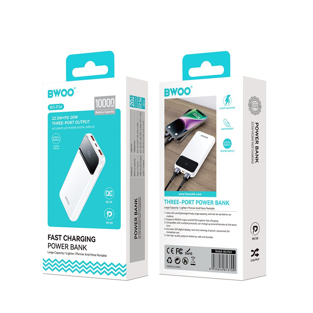 BWOO Ultra thin 22,5W 10000 mAh power bank, white