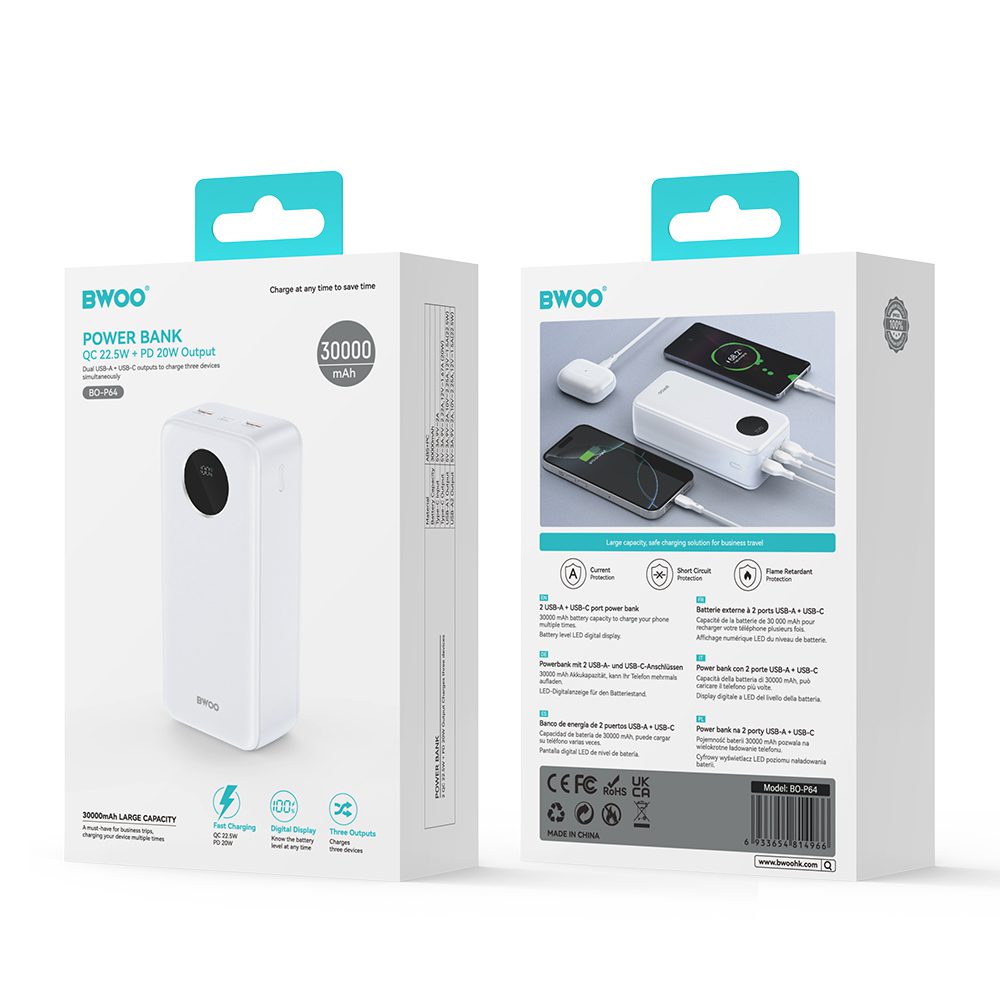 BWOO 22,5W 30000 mAh power bank with LCD screen, black