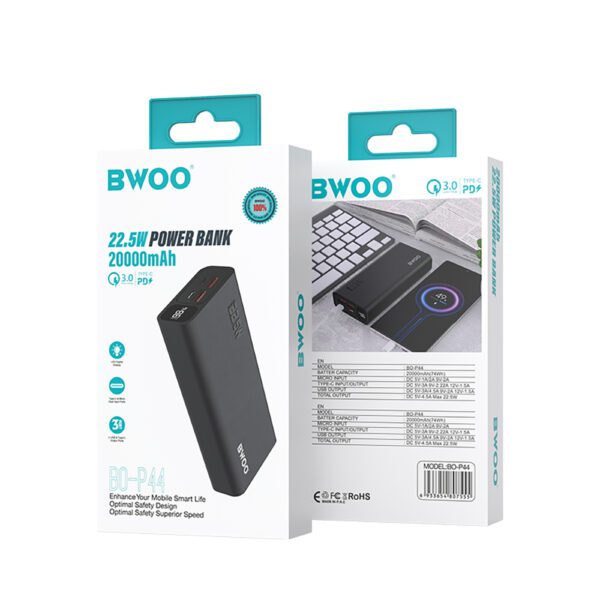 BWOO 22,5W 20000 mAh power bank with LCD screen, black