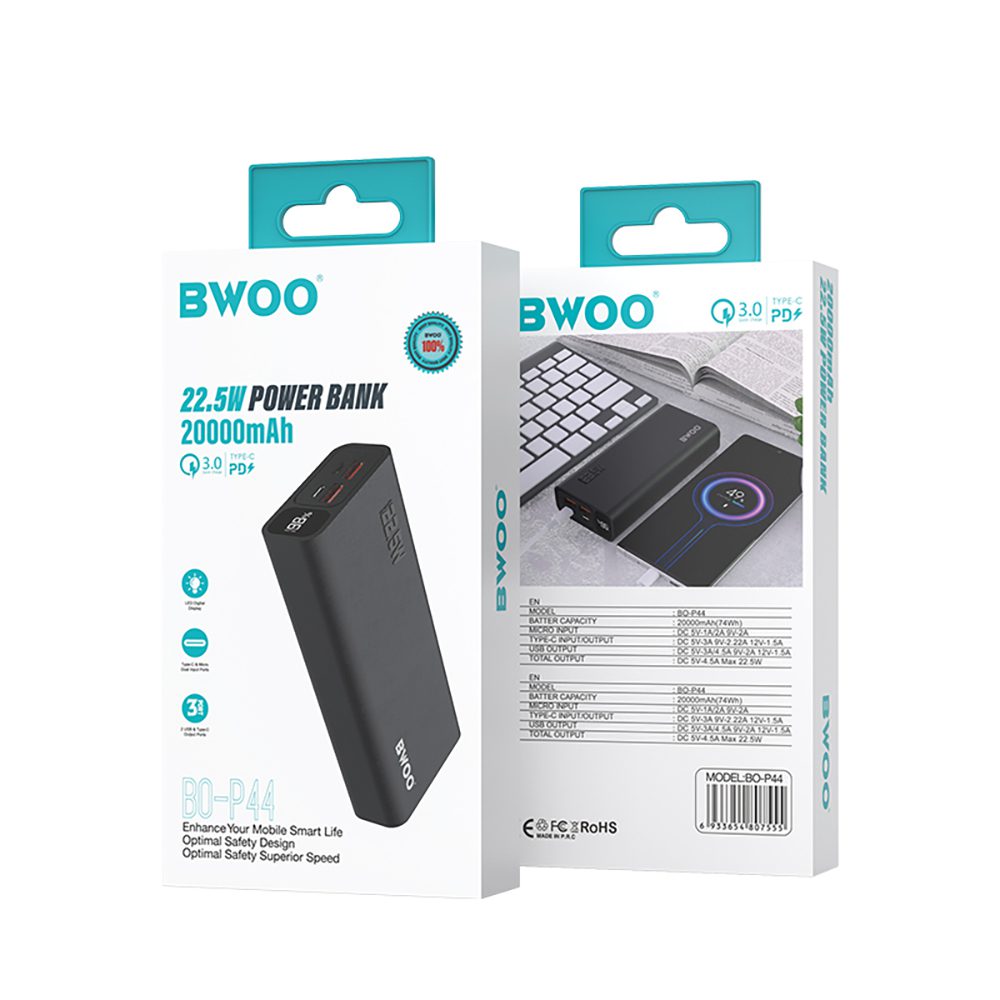 BWOO 22,5W 20000 mAh power bank with LCD screen, black