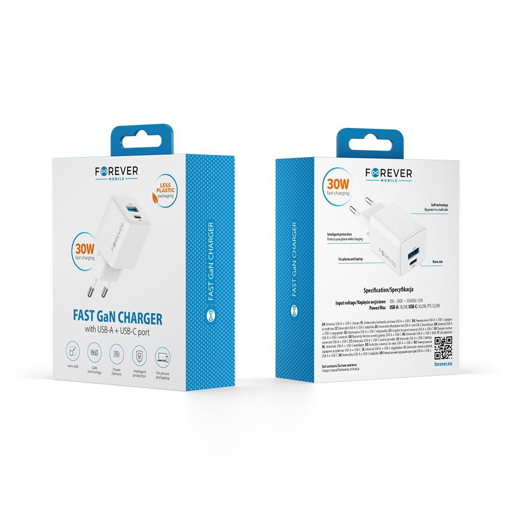 Forever TC-08-30AC GaN PD QC charger 1x USB-C 1x USB 30W white