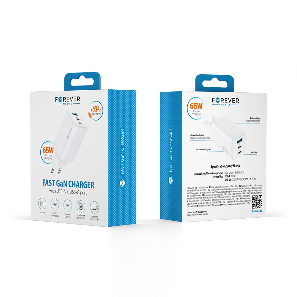 439684_oryg Forever TC-08-65ACC GaN PD QC charger 2x USB-C 1x USB 65W white
