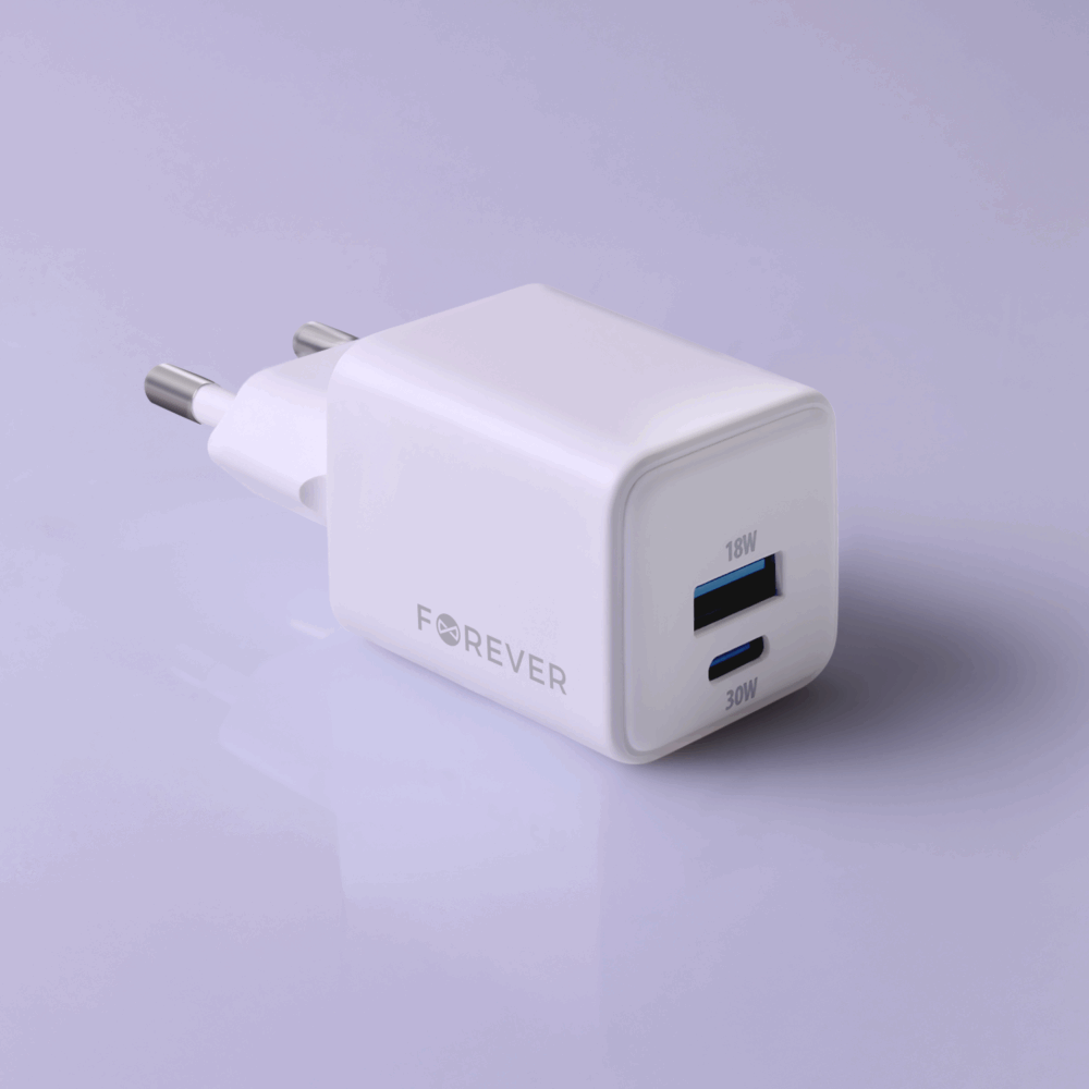 Forever TC-08-30AC GaN PD QC charger 1x USB-C 1x USB 30W white