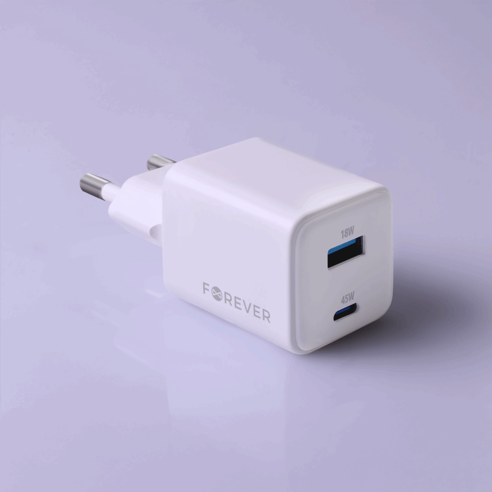 Forever TC-08-45AC GaN PD QC charger 1x USB-C 1x USB 45W white