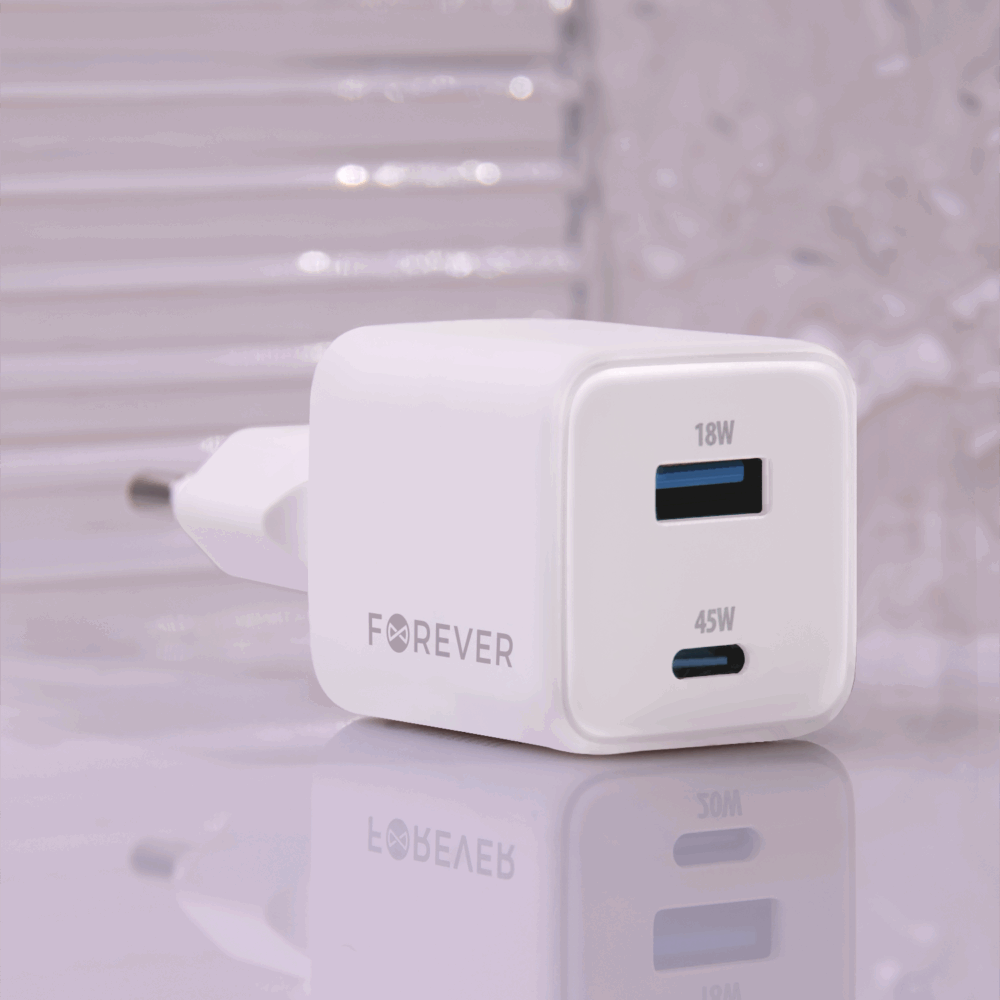 Forever TC-08-45AC GaN PD QC charger 1x USB-C 1x USB 45W white