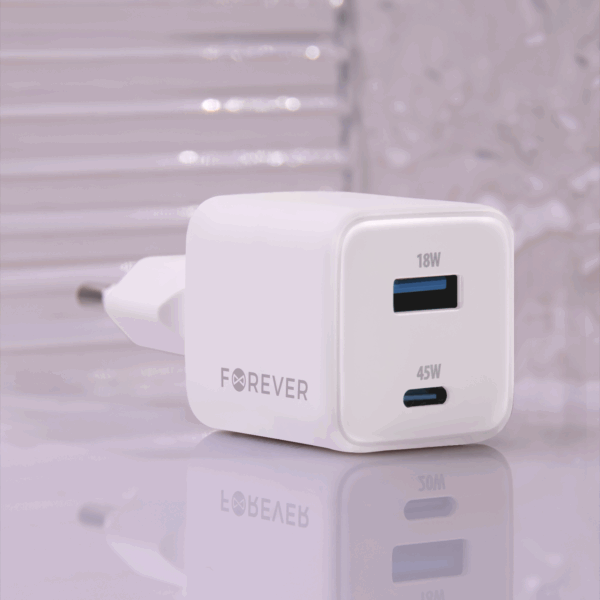 Forever TC-08-45AC GaN PD QC charger 1x USB-C 1x USB 45W white