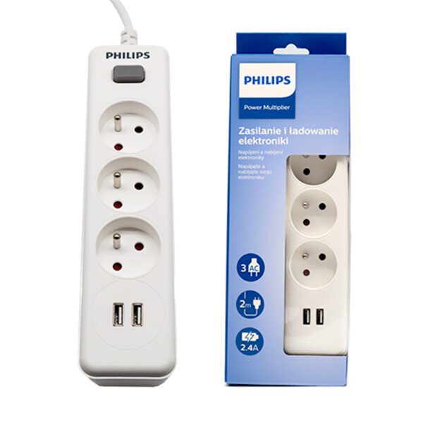 Power strip PHILIPS etension cord 3 sockets + 2 USB 2m 10A white