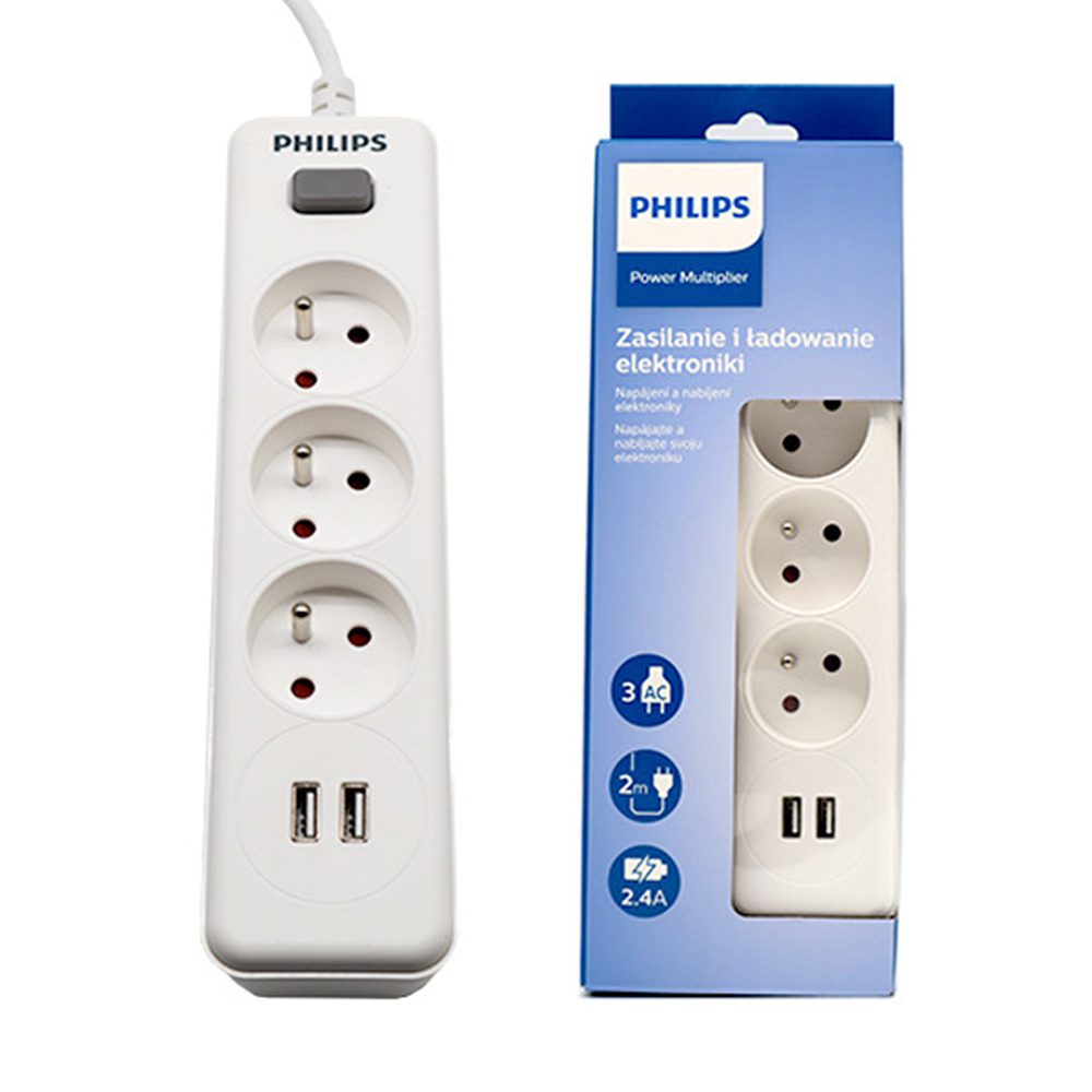 440507_oryg Power strip PHILIPS etension cord 3 sockets + 2 USB 2m 10A white