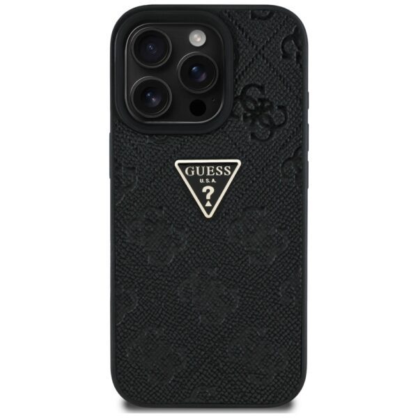 Guess Hardcase PU Grained Hot Stamp 4G Triangle Metal Case for iPhone 16 Pro 6,3" Black