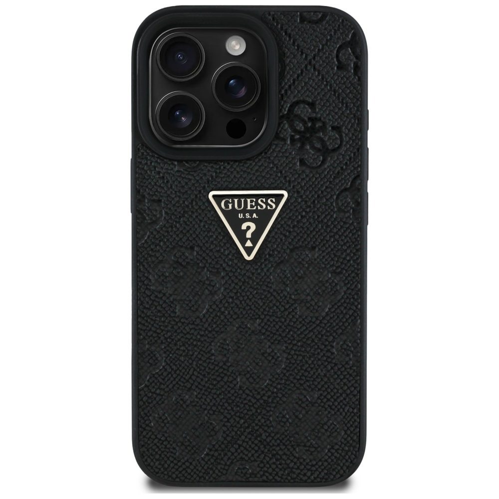 Guess Hardcase PU Grained Hot Stamp 4G Triangle Metal Case for iPhone 16 Pro 6,3" Black