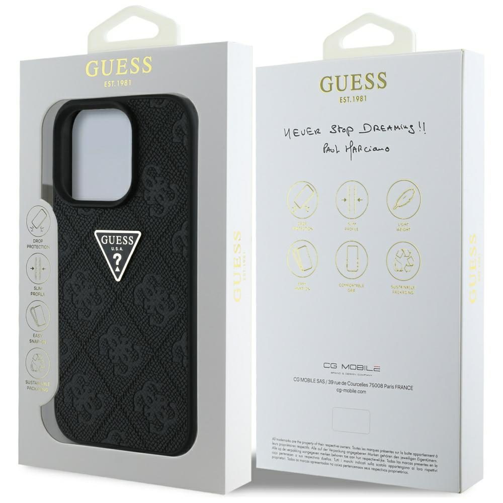Guess Hardcase PU Grained Hot Stamp 4G Triangle Metal Case for iPhone 16 Pro 6,3" Black
