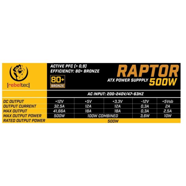 Rebeltec ATX Power Supply RAPTOR 500W 80+ Bronze, Single Rail, DC-DC