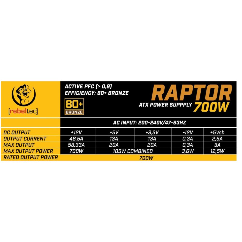 Rebeltec ATX Power Supply RAPTOR 700W 80+ Bronze, Single Rail, DC-DC