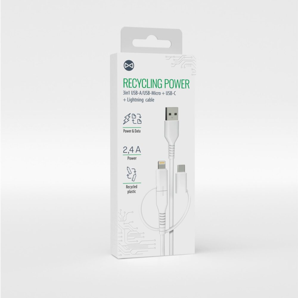 Forever recycling  cable 3w1 1,5m 2,4A USB-A -USB-C+ microUSB  + Lightning KR3W1-00 white