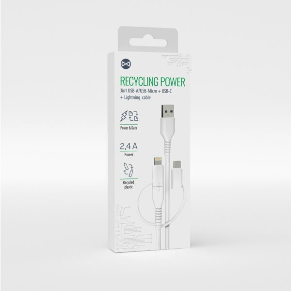 Forever recycling  cable 3w1 1,5m 2,4A USB-A -USB-C+ microUSB  + Lightning KR3W1-00 white