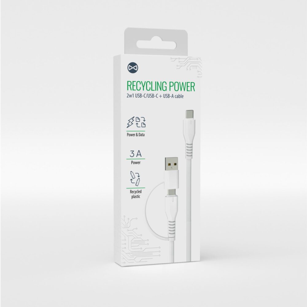 Forever recycling cable 2w1 1,5m 3A USB-C - USB-C + USB-A KR2W1-00 white