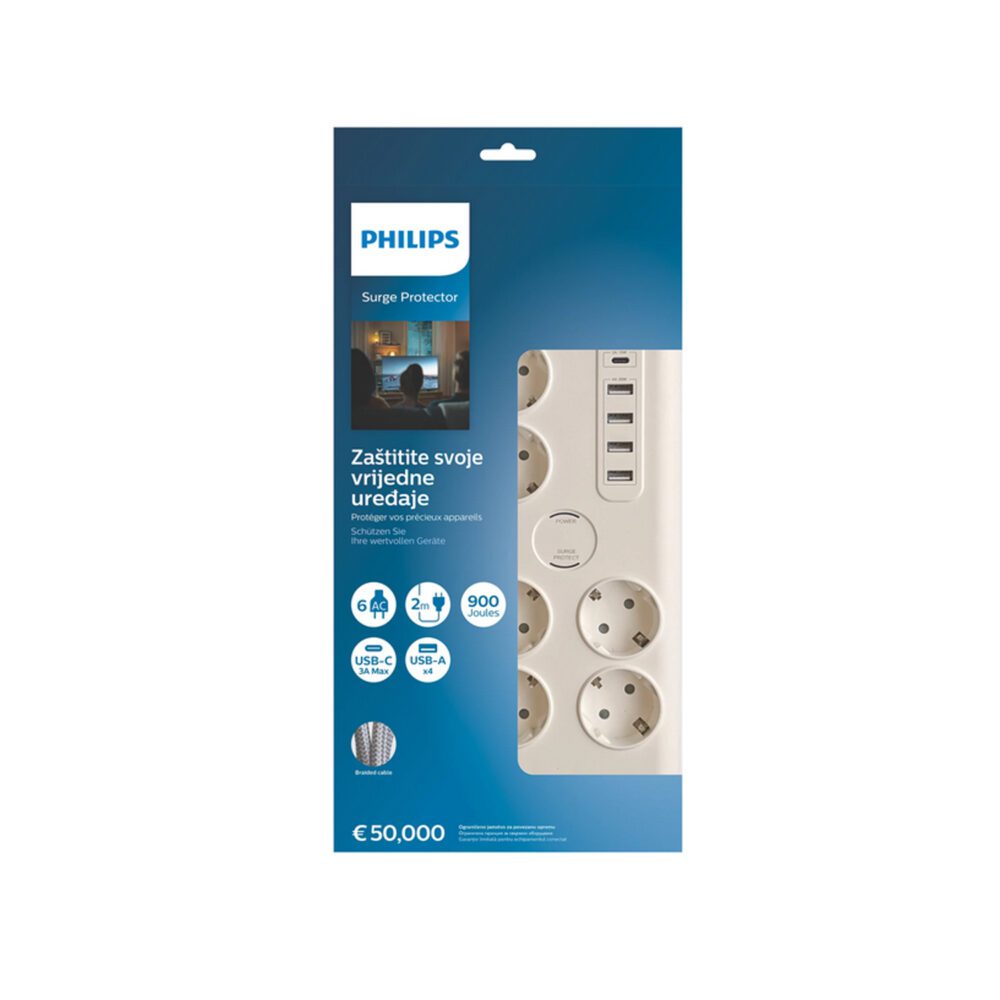 444881_oryg Anti-surge power strip PHILIPS extension cord 6 Schuko sockets + 6xUSB-A + 1xUSB-C 2m 16A white