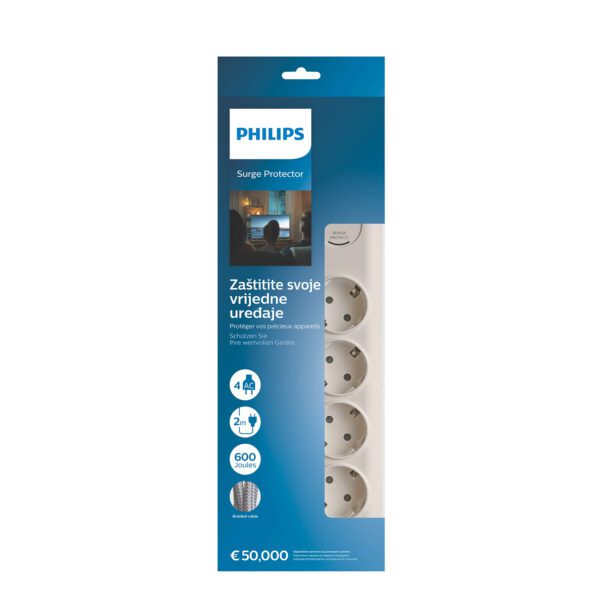 Anti-surge power strip PHILIPS extension cord 4 Schuko sockets 2m 16A white