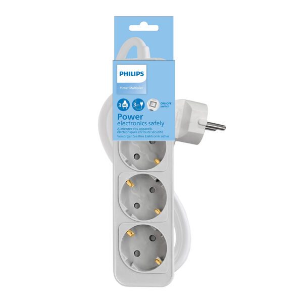 Power strip PHILIPS etension cord 3 Schuko sockets 1.5m 10A white