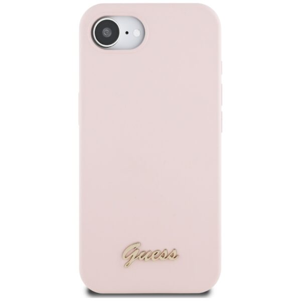 Guess HC Silicone Script Metal Logo Case for iPhone 16e Pink