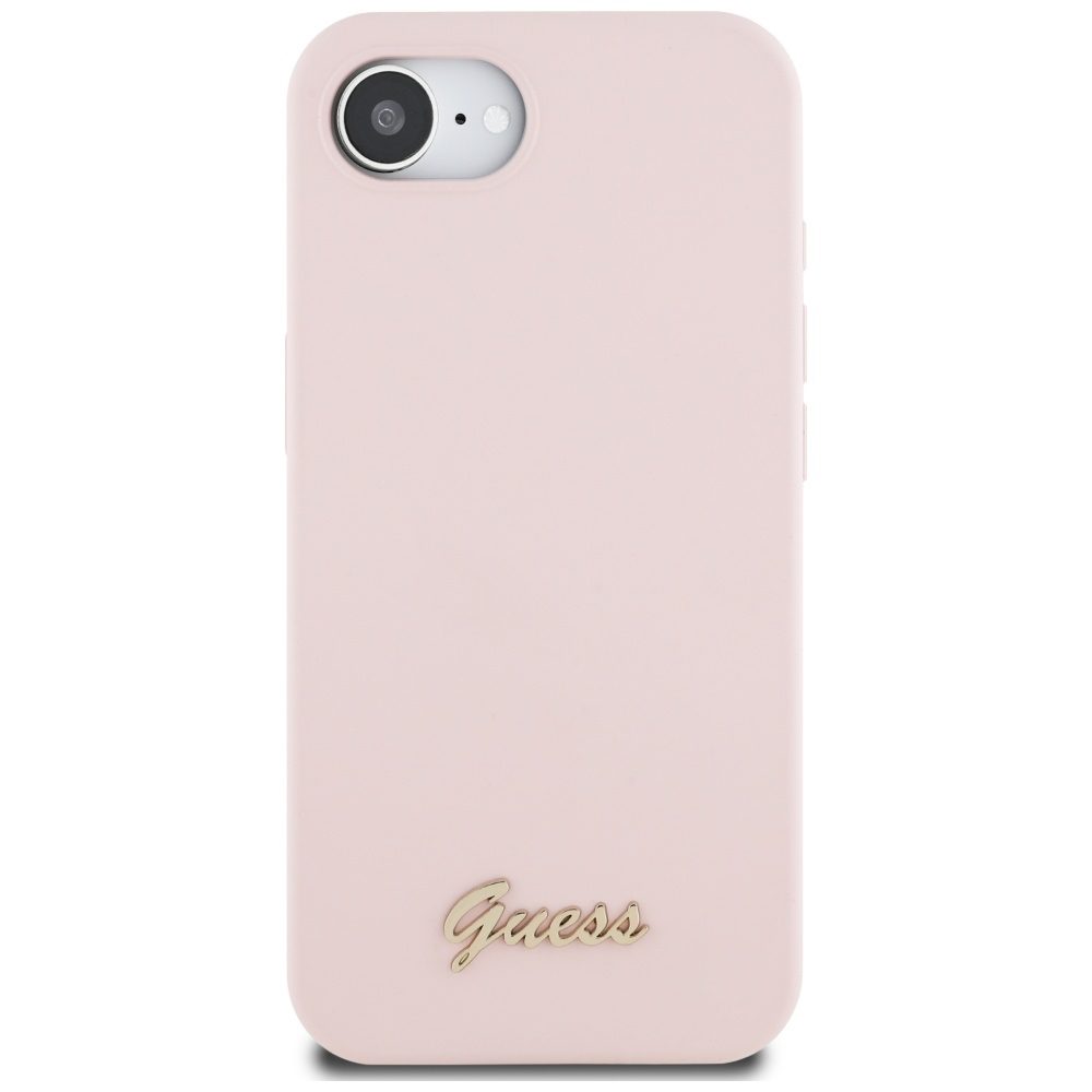 Guess HC Silicone Script Metal Logo Case for iPhone 16e Pink